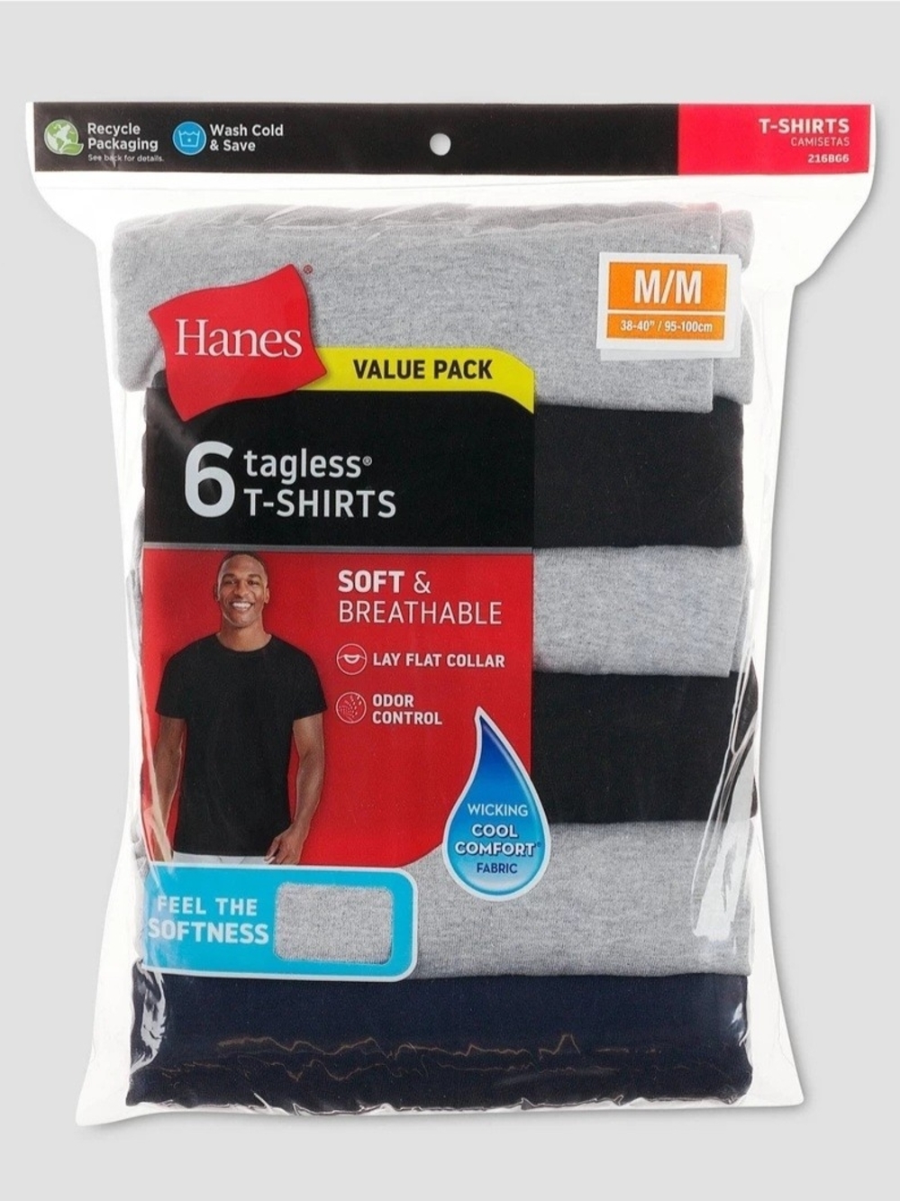 Hanes Men's Tagless T-Shirts Value Pack - Gray & Black & Blue - M